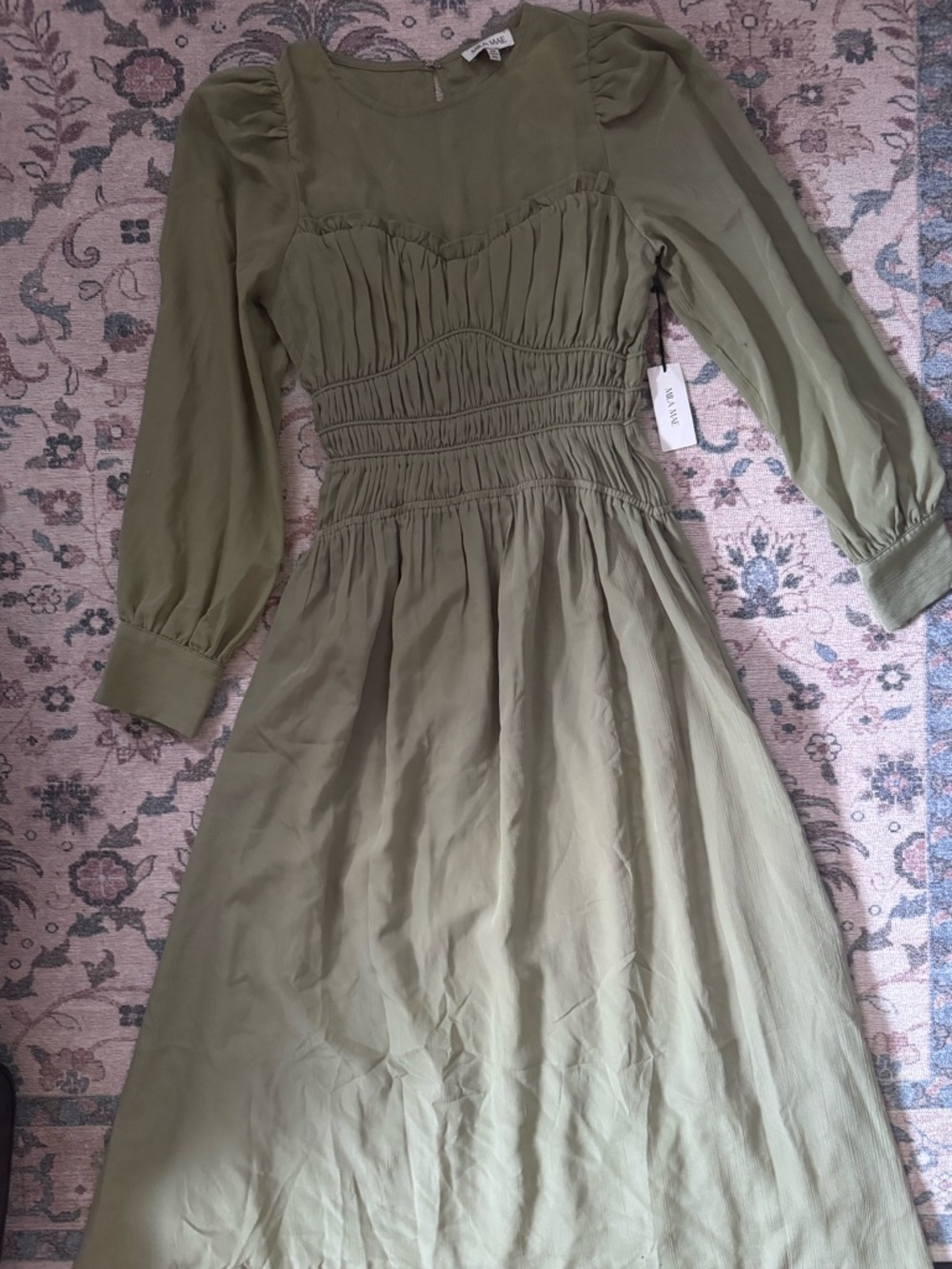 Smocked Waist Olive Long-Sleeve Midi Dress - Unknown Brand